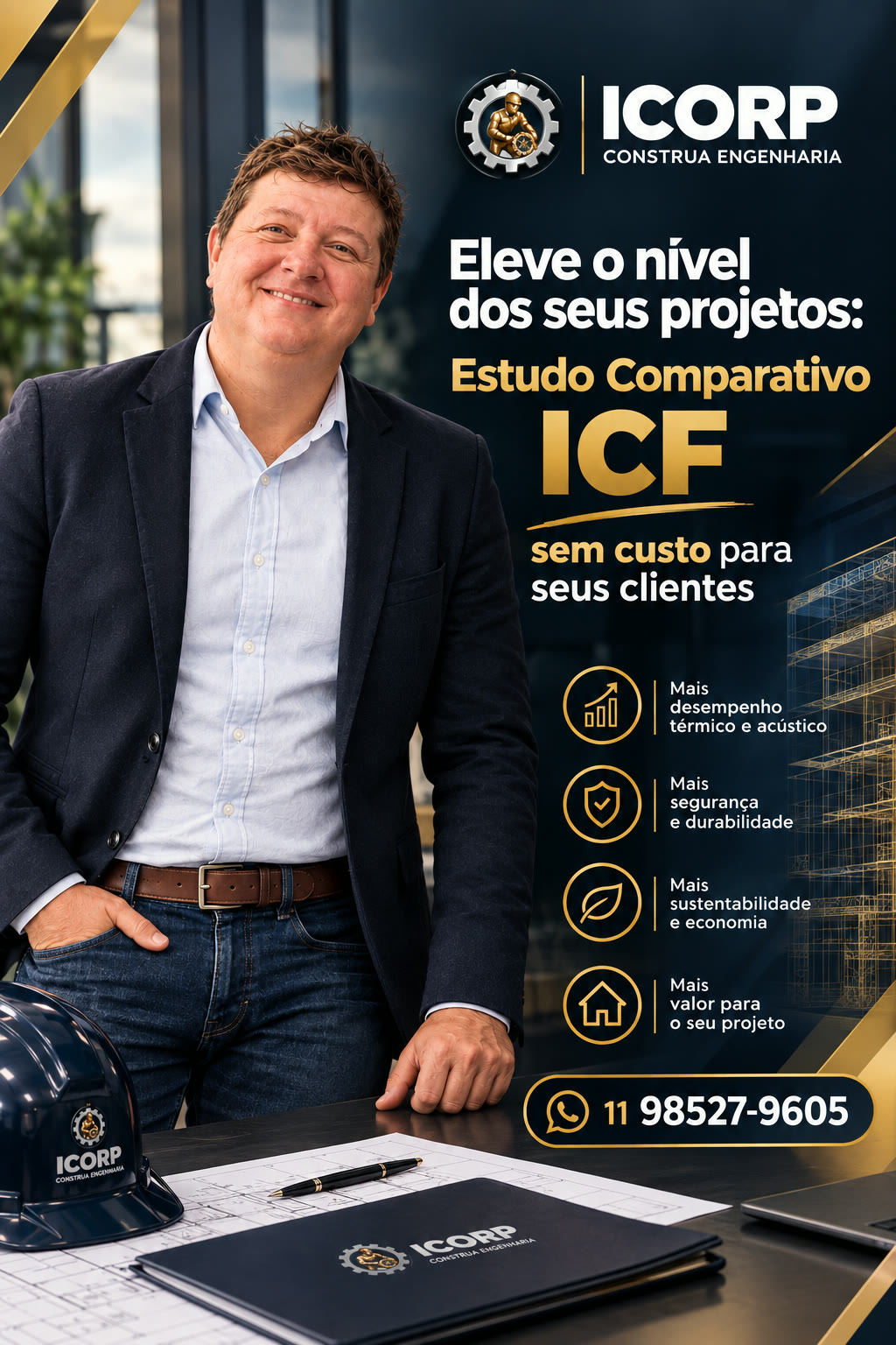 Cartaz da ICORP CONSTRUA anunciando o estudo comparativo ICF sem custo, com os benefícios do sistema e o WhatsApp 11 98527-9605