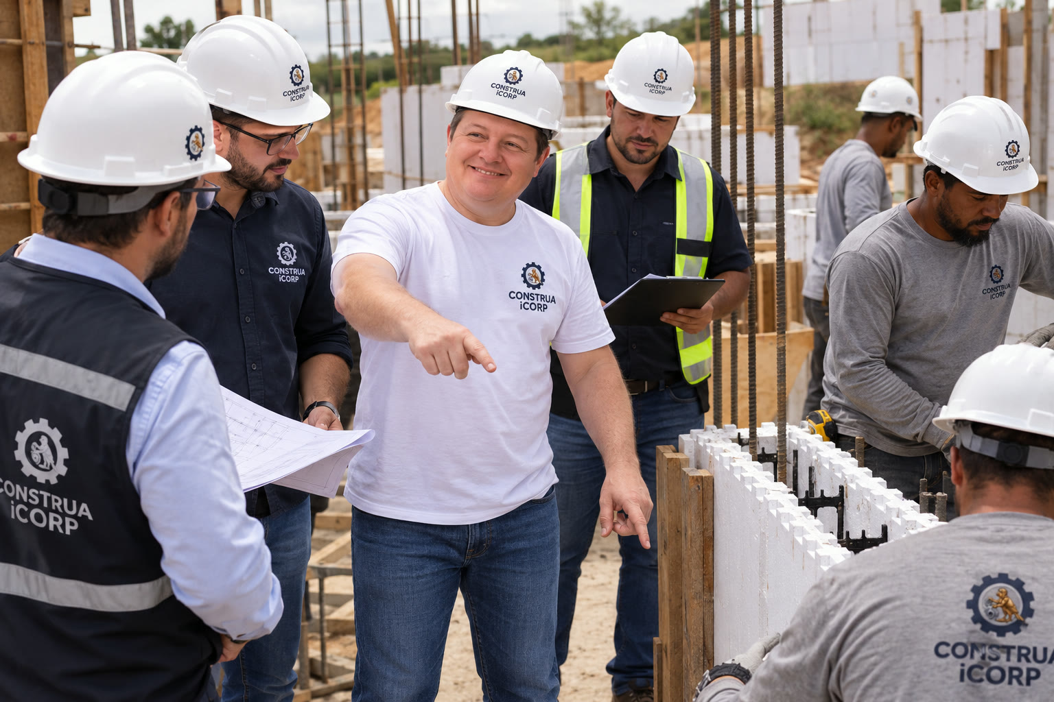 Equipe ICORP CONSTRUA em obra com paredes de blocos ICF, projetos em mãos e capacetes com a marca da empresa