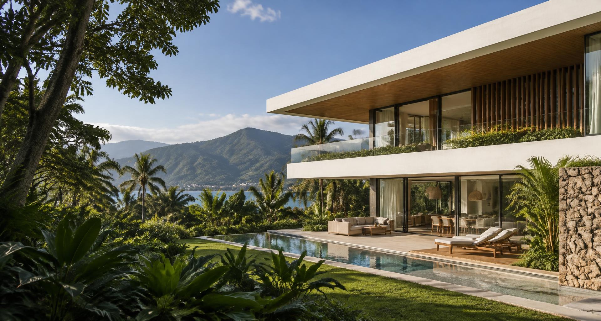 Imagem ilustrativa de arquitetura contemporânea no litoral, com concreto, madeira e jardim tropical